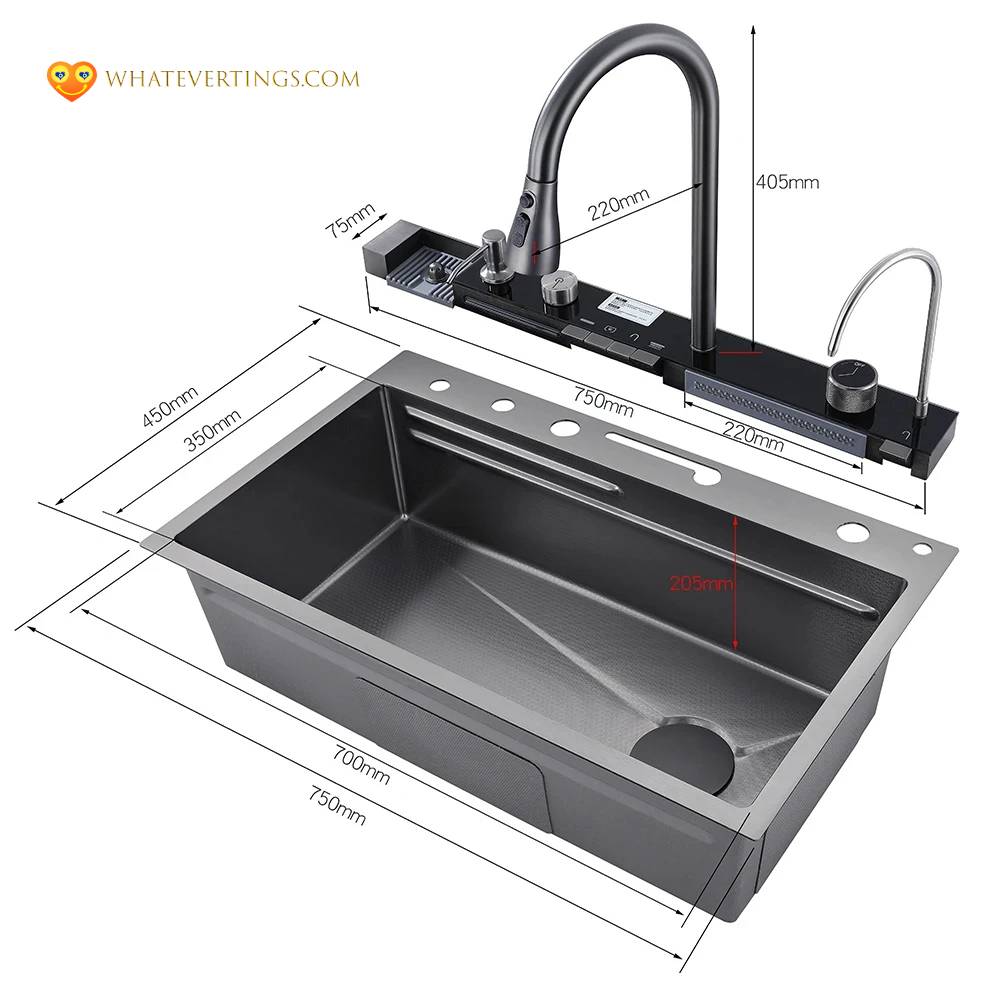 Stainless Steel Waterfall Kitchen Sink With Integrated Digital Display Health & Beauty Color : 4button A 75X45CM|60X45CM 002|2 button75X45CM-D2|60X45CM 001|2 button75X45CM-D1|4 button B 75X45CM|Brush Gold A 75X45CM|White A 75X45CM|60X45CM 003 